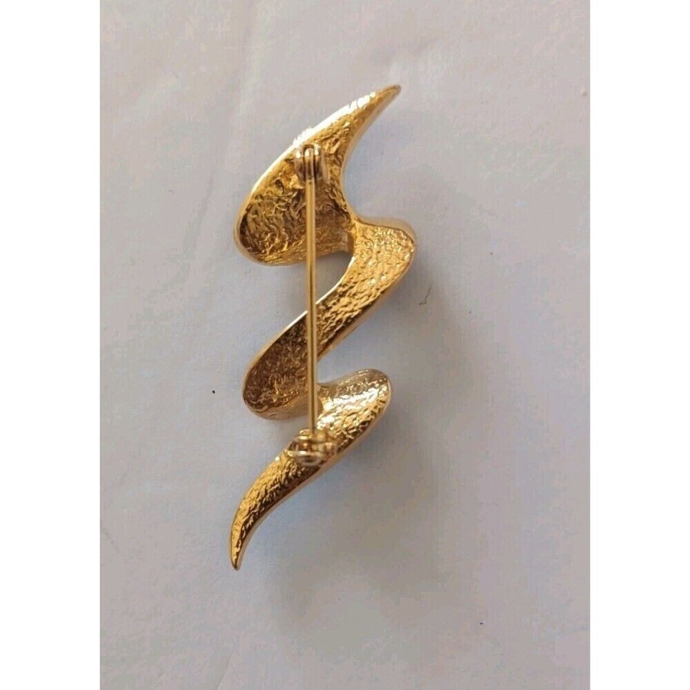 Vintage Abstract 80s Artistic Swirl Brooch Pin Forest Green Gold Tone - Picture 2 of 4